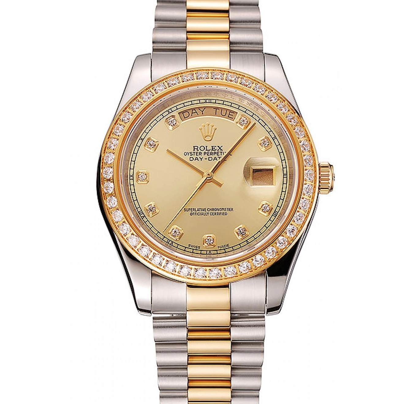 MiroTime 0719 Swiss Rolex Day-Date Champagne Dial Gold Diamond Case Two Tone Stainless Steel Bracelet 1453974